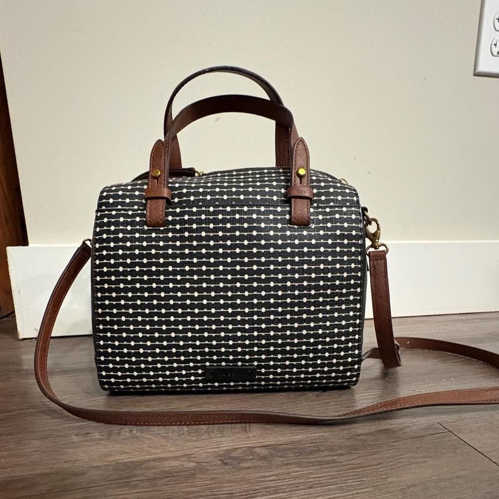 Fossil Sydney Satchel Black Cream Dot Stripe Brown Leather Y2K Bag